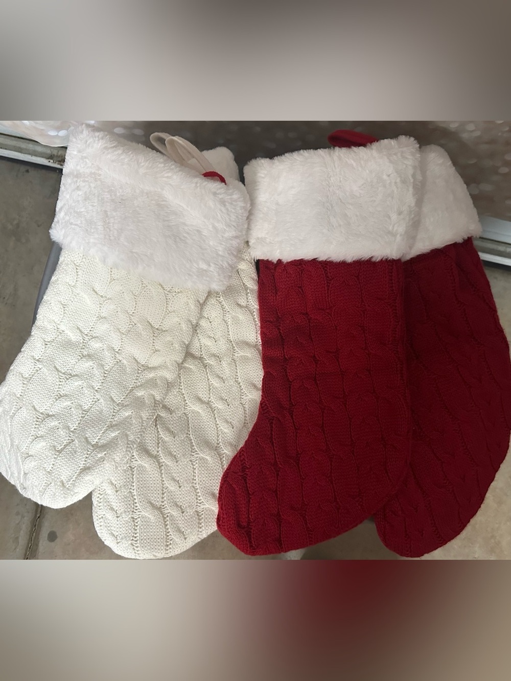 Set of 4 Festive Knit Christmas Stocking Set with Plush Cuff - 2 Red & 2 White